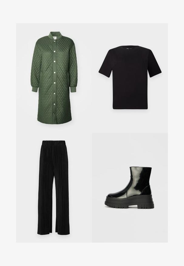 Palton verde matlasat cu închidere cu butoane, manșete cu nervuri și buzunare laterale; are un model în diamante și o lungime până la genunchi.; Tricou scurt negru cu mânecă scurtă și guler rotund, realizat dintr-un material de bumbac moale. Design simplu, fără logo-uri sau modele vizibile.; Pantaloni negri plisati cu talie elastică. Prezintă picioare largi și un material neted, texturat, cu dungi verticale.; Botine negre, lucioase, până la gleznă, cu talpă groasă și vârf rotund, vedere laterală pe un fundal gri deschis, simplu.