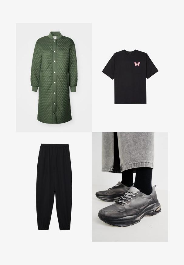 Zeleni kaput s kvadratnim uzorkom, s prednjim zatvaranjem na dugmad, rebrastim manžetama i bočnim džepovima; sadrži dijamantni uzorak i dizajn do koljena.; Crna pamučna majica s kratkim rukavima, s malim grafičkim prikazom ružičaste vjetricaste s desne strane na prsima. Dizajn s okruglim izrezom i opuštenim krojem.; Crne, lagane hlače s elastičnom stražnjom pasicom i naboranim gležnjevima. Tkanina je glatka i ima opušteni, suženi dizajn.; Crne i sivo sportske cipele imaju mrežastu gornjište, debele potplate i vezice. Imaju zaobljen vrh i vidljive detalje s jastučićima.