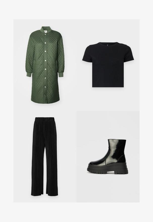 Žalsvas, megztinis paltas su mygtukų sagtimi priekyje, raštuotomis rankovėmis ir šoninėmis kišenėmis; turi rombų raštą ir kelių ilgio dizainą.; Juoda trumpomis rankovėmis marškinėliai, pagaminti iš švelnios medvilnės. Turi apvalų kaklą ir prigludusį dizainą. Lygi tekstūra be raštų ar akcentų.; Juodi plisuoti kelnės su elastine juosta. Turėkite plačias kojas ir glotnų, tekstūrinį audinį su vertikaliais dryžiais.; Juodas blizgus kulkšninis botas su storu iškilniu padu ir apvaliu pirštu, šoninis vaizdas ant vientiso šviesiai pilko fono.