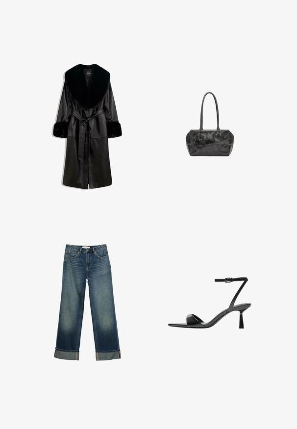 Long manteau en cuir noir avec un large col et des manchettes en fausse fourrure, présentant une ceinture à nouer à l'avant et une fermeture par bouton, affiché sur fond blanc.; Haut ajusté à manches longues en tissu marron foncé. Encolure ronde, texture lisse et manches légèrement allongées sans poignets.; Jeans en denim bleu à jambes larges, présentant une finition délavée, un design à cinq poches et des revers avec des coutures contrastées. Texture lisse.; Bershka Sandales à talons hauts - black; Sac tote en cuir noir avec une forme structurée, texture lisse et deux longues anses. Présente un design minimaliste et une finition brillante.