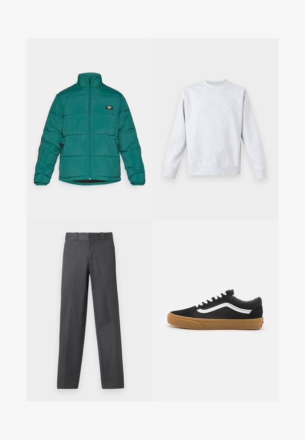Padded bunda v hĺboke teal s vysokým golierom, predným zipsom a nášivkou loga. Má elastické manžety a bočné vrecká pre pohodlie.; Svetlo šedý sveter vyrobený z jemnej látky, s okrúhlym výstrihom, dlhými rukávmi a rebrovanými manžetami a lemom. Minimalistický dizajn bez vzorov.; Sivé nohavice vyrobené z hladkej tkaniny, s rovnými nohavicami, zapínaním na gombík a pútkami na opasok; s minimálnymi švami a bez vzorov.; Čierne semišové tenisky s bielym bočným pruhom, bielymi šnúrkami a gumovou podrážkou. Klasický nízky dizajn s textúrovanými akcentmi a okrúhlou špičkou.