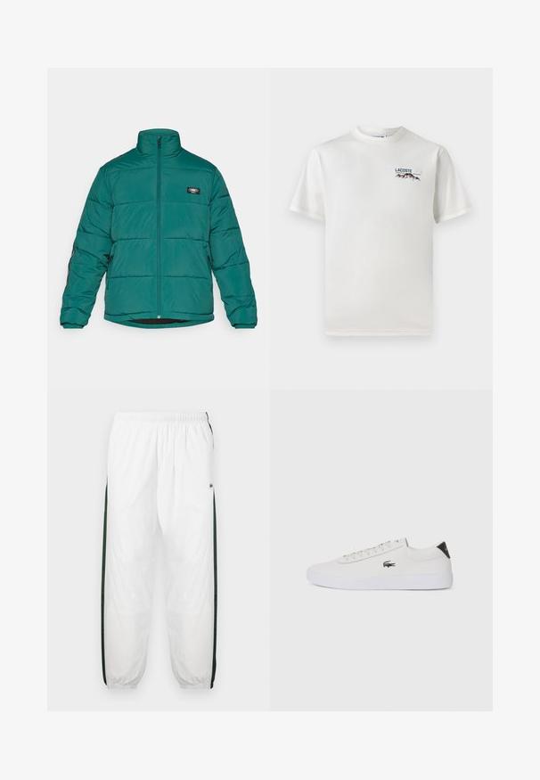 Padded jacket in deep teal with a high collar, front zipper, and logo patch. Features elastic cuffs and side pockets for convenience.; White cotton T-shirt with a round neckline, short sleeves, and a small embroidered logo featuring mountains and text on the left chest.; White track pants with dark green side panels. Lightweight material, elastic waistband, and cuffed hems. Features mesh texture on side panels.; White leather sneaker with round toe, lace-up front, and black heel accent. Features a small embroidered crocodile logo on the side.