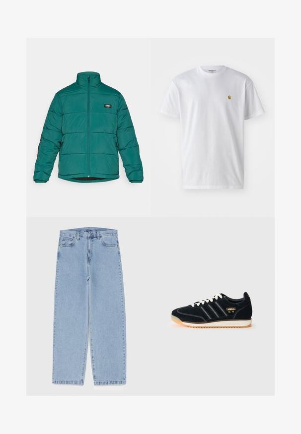 Přestřižená bunda v tmavě modré barvě s vysokým límcem, předním zipem a logem na nášivce. Má elastické manžety a boční kapsy pro pohodlí.; Bílé bavlněné tričko s krátkým rukávem a kulatým výstřihem, s malým zlatým logem na levé straně hrudi. Měkká textura a klasický střih.; Světle modré džíny s rovnými nohavicemi, středním pasem, pěti kapsami a zapínáním na knoflík a zip.; Černé semišové tenisky s bílými tkaničkami, třemi bílými pruhy po straně, texturovanými prvky a gumovou podrážkou se slabým oranžovým nádechem.