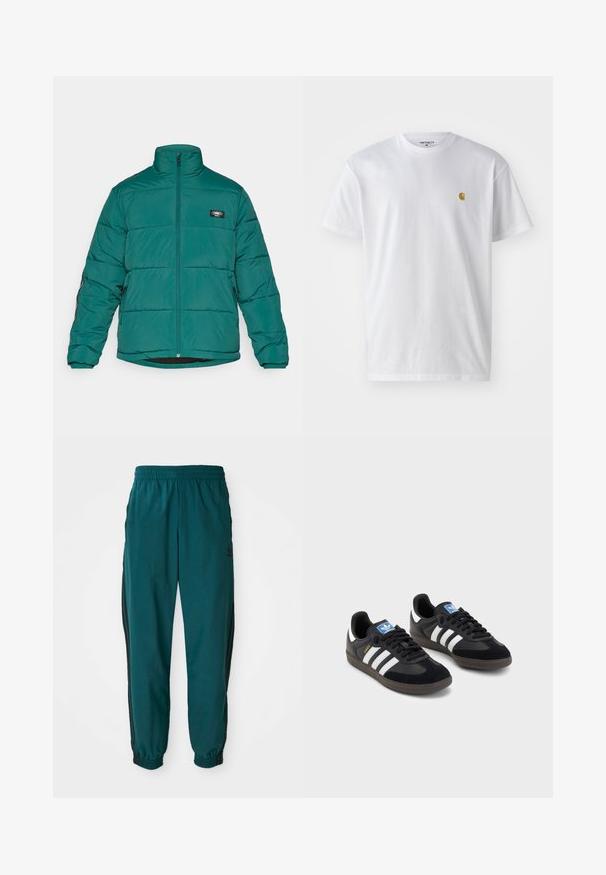 Μπουφάν με επένδυση σε σκούρο τυρκουάζ, με ψηλό γιακά, μπροστινό φερμουάρ και λογότυπο. Διαθέτει ελαστικές μανσέτες και πλαϊνές τσέπες για άνεση.; Λευκό βαμβακερό T-shirt με κοντά μανίκια, κλασική λαιμόκοψη, που διαθέτει ένα μικρό χρυσό λογότυπο στην αριστερή περιοχή του στήθους. Μαλακή υφή και κανονική εφαρμογή.; Τιρκουάζ αθλητικά παντελόνια με ζωνάκι προσαρμογής, ελαστικούς μανσέτες και μαύρες ρίγες στα πλάγια. Φτιαγμένα από ελαφρύ ύφασμα, με λογότυπο κοντά στο ισχίο.; Μαύρα αθλητικά παπούτσια με επάνω μέρος από σουέτ και συνθετικό υλικό, με τρεις λευκές ρίγες, υφασμάτινη σόλα από καουτσούκ και μπλε ταυτότητα λογότυπου στη γλώσσα.
