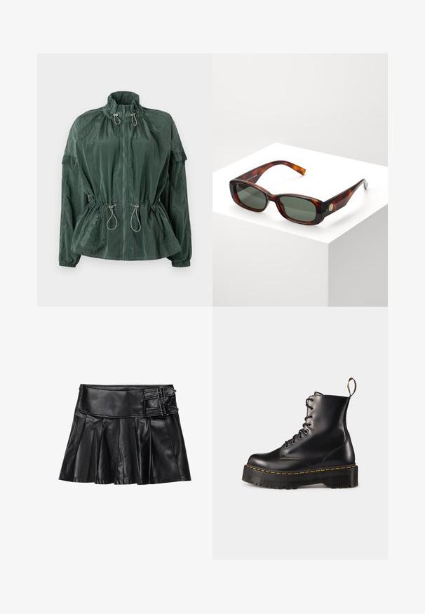Green lightweight jacket with a high collar, front zipper, elastic drawstring at waist, and ribbed cuffs. Features a textured nylon material.; Smocked blouse featuring a checkered pattern in black, white, and beige. Ruffled neckline and cuffs, long sleeves, cropped fit.; Black leather skirt with pleats, wide waistband, and two buckle accents on the side. Smooth texture with a glossy finish.; Black leather lace-up ankle boots with a chunky black sole and yellow stitching. Features a pull tab at the back and circular metal eyelets.; Tortoiseshell rectangular sunglasses with green lenses. Wide frame, smooth finish, gold accent on the side, and slim temples.