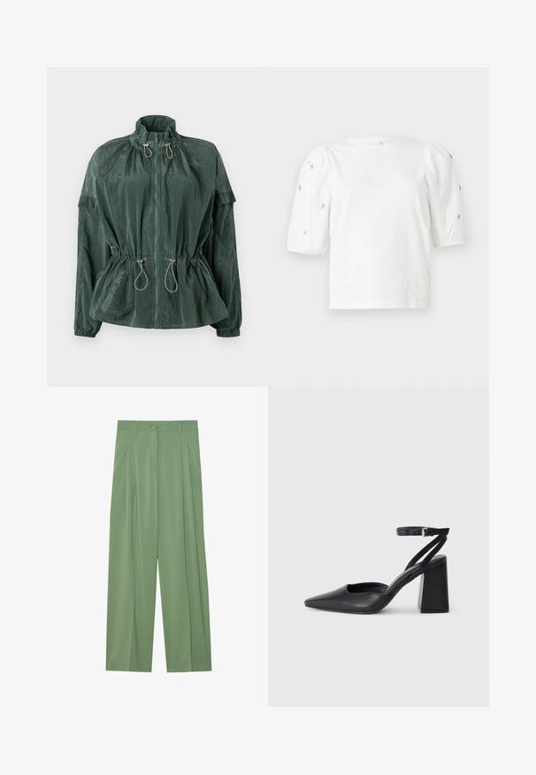 Grøn letvægtsjakke med høj krave, frontlynlås, elastisk snoretræk i taljen og ribbede manchetter. Har et struktureret nylonmateriale.; Hvid bomulds t-shirt med korte puffærmer, med små sølv detaljer langs ærmerne. Klassisk rund halsudskæring, afslappet pasform.; Grønne brede bukser lavet af glat stof. Har folder foran, en enkelt knaplukning og bæltestropper.; Sort læder spidse pumps med ankelrem og en chunky hæl. Flad tekstur, slankt design og minimalistisk æstetik.