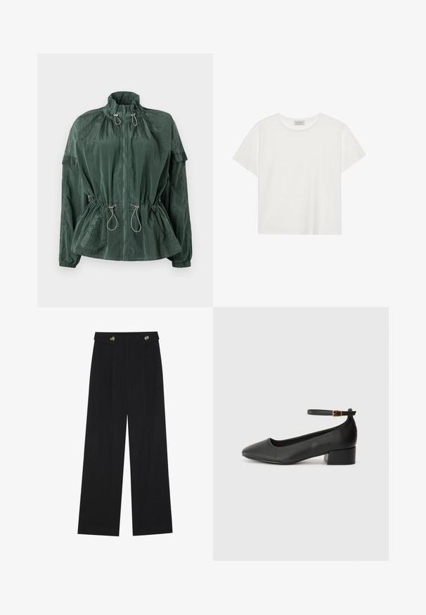 Roheline kerge jope kõrge kraega, ees lukuga, elastse nööriga vööl ja ribakäistega. Omab tekstuurset nailonmaterjali.; Valge lühikeste varrukatega t-särk, mis on valmistatud pehmest puuvillast. Omab ümmargust kaelust ja mugavat lõiget. Puhtad jooned, ilma nähtavate mustrite või aktsentideta.; Mustad laiad püksid kõrge vöökoha ja nööpdetailidega vööandil, esikortsudega.; Must mustaapp, millel on terav nina ja madal blokk-kand. Omab pahkluu rihma koos kuldse tooni pandlaga. Sile tekstuur.