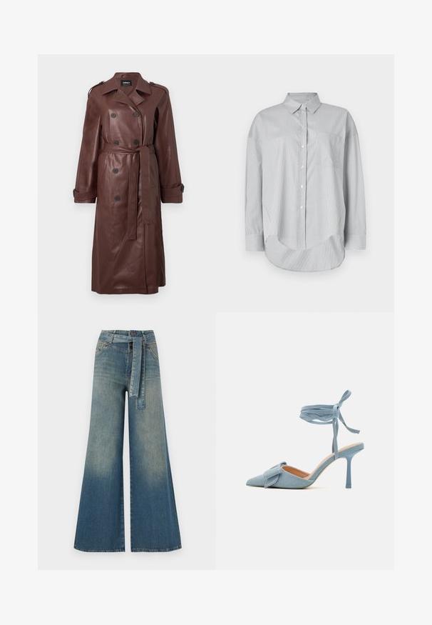 Brauner Leder-Trenchcoat mit zweireihigen Knöpfen, tailliertem Gürtel und Schulterklappen. Glatte Textur mit seitlichen Taschen.; Helles graues Hemd mit Knöpfen, aus einem glatten Stoff gefertigt. Es hat dünne vertikale Streifen, eine Brusttasche und einen abgerundeten Saum. Lange Ärmel.; Weit geschnittene Denim-Hosen mit einem Farbverlauf von hellblau zu dunkelblau, hoher Taille, Gürtelschlaufen und einem passenden Stoffgürtel. Strukturierte Denim-Oberfläche.; Spitz zulaufender High Heel Schuh aus hellblauem Stoff mit strukturiertem Finish, versehen mit einem Schleifenakzent und einem Knöchelriemen für sicheren Halt.