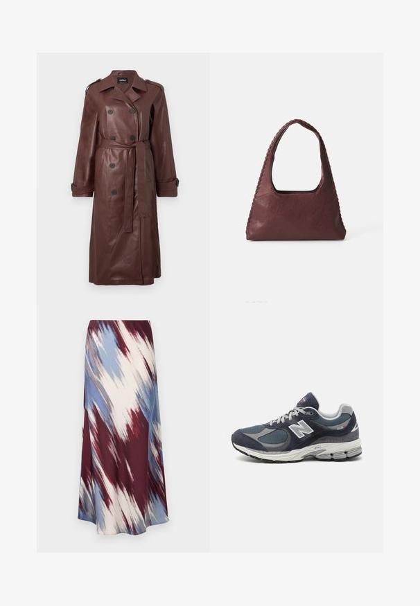 Manteau en cuir marron avec des boutons double boutonnage, taille ceinturée et épaulettes. Texture lisse avec des poches latérales.; Polo à manches longues rayé bordeaux et blanc, avec un col, une patte de boutonnage à trois boutons, et un logo brodé sur la poitrine.; Jupe longue présentant un motif tie-dye diagonal en bordeaux, bleu et crème, fabriquée dans un tissu doux avec une silhouette fluide et un léger éclat.; Baskets New Balance avec un dessus en mesh et en daim marine, des accents gris, un logo blanc, une semelle rembourrée et des détails texturés.; Sac à main en cuir bordeaux avec une forme triangulaire, un haut ouvert et des détails tressés le long de la poignée. Texture lisse avec une finition mate.