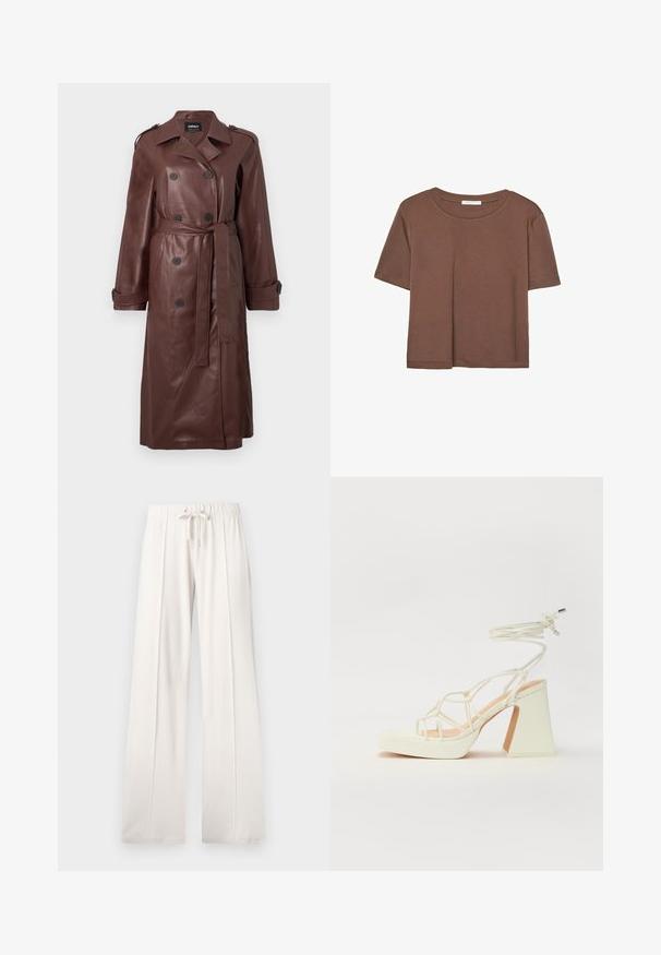 Cappotto trench in pelle marrone con bottoni doppi, vita con cintura e spallini. Texture liscia con tasche laterali.; Maglietta a maniche corte marrone realizzata in tessuto morbido, con scollatura rotonda e vestibilità rilassata. Nessun motivo o dettaglio visibile.; Pantaloni della tuta beige chiaro realizzati in tessuto morbido, con vita regolabile, gambe larghe e cuciture verticali, dal fondo liscio.; Sandalo bianco con tacco alto, caratterizzato da un design a cinturini e un legaccio alla caviglia. Texture liscia con una piattaforma frontale per un'altezza aggiuntiva.