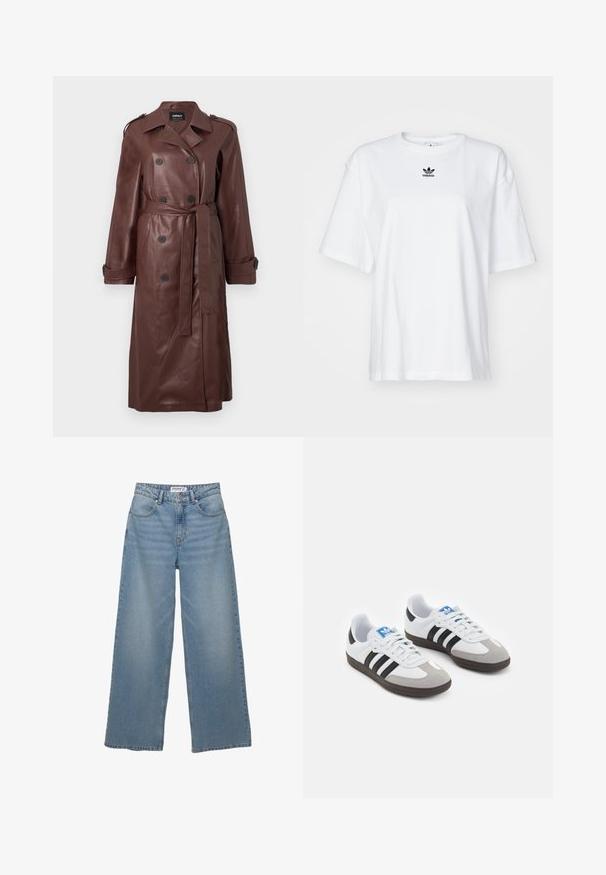 Brązowy skórzany trencz z podwójnym zapięciem, paskiem w talii i pagonami na ramionach. Gładka tekstura z bocznymi kieszeniami.; Biała, krótko rękawowa koszulka z bawełny. Posiada okrągły dekolt oraz małe, czarne logo Adidas na klatce piersiowej. Proste zakończenie.; Jasnoniebieskie jeansy typu wide-leg wykonane z denimu. Posiadają wysoką talię, pięć kieszeni oraz prosty krój z minimalnym wyblaknięciem.; Buty sportowe z białą skórzaną cholewką, szarym zamszowym noskiem i trzema czarnymi paskami. Posiadają niebieskie logo na języku oraz teksturowaną gumową podeszwę.