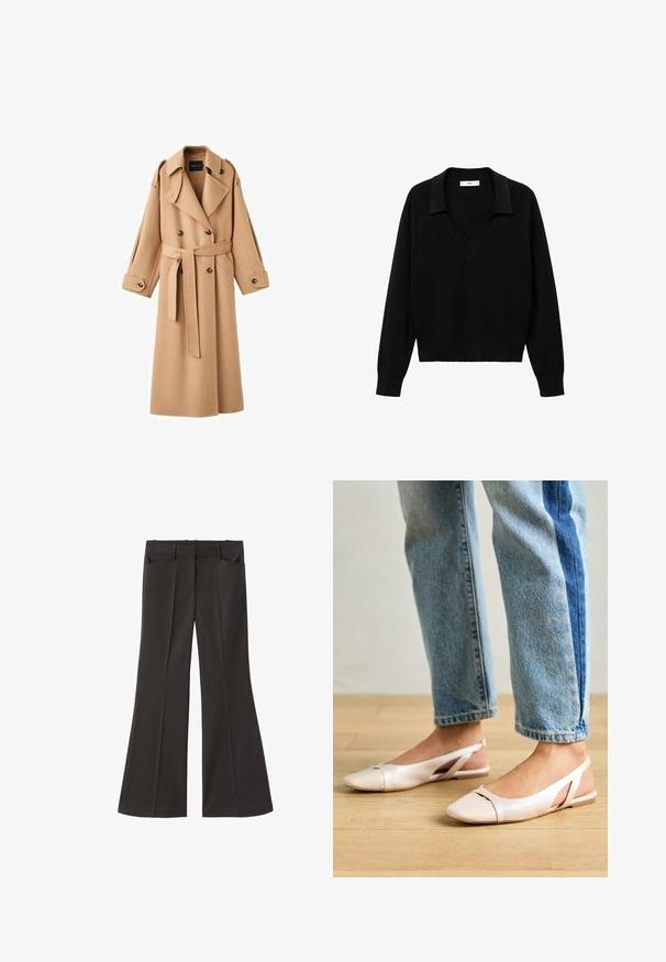 Kamela barvani volnen plašč s dvojno zaponko, širokimi reverji, pasom z obsegom in dolgimi rokavi z gumbnimi detajli.; Črn pulover s V-izrezom in ovratnikom. Narejen iz mehkega materiala, ima dolge rokave in sproščen kroj.; Črne razširjene hlače z visokim pasom; vključujejo dva sprednja žepa in gladko teksturo tkanine. Primerne za različne priložnosti.; Svijetloružičaste slingback balerinke s šiljastim nožnim prstima, napravljene od glatkog materijala nalik koži. Imaju izrezane detalje sa strane i ravne pete.