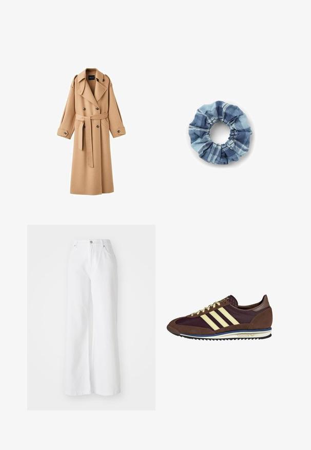 Trencz w kolorze camel z podwójnym zapięciem, szerokimi klapami, paskiem w talii oraz długimi rękawami z guzikami.; Kremowy sweter z poziomymi paskami w kolorach czarnym, złotym, pomarańczowym i brązowym. Wykonany z miękkiego, fakturowanego dzianiny z okrągłym dekoltem.; Białe dżinsowe spodnie w szerokim kroju z wysokim stanem, z przednimi kieszeniami i srebrnym zapięciem na guzik. Tekstura jest gładka, w jednolitym kolorze.; Brązowe i burgundowe sneakersy wykonane z zamszu i siateczkowych materiałów, z trzema kremowymi paskami, teksturowanym materiałem na języku i gumową podeszwą.; Denimowa scrunchie w niebieskich odcieniach z wzorem w kratę. Miękka faktura z marszczonymi krawędziami i elastycznym środkiem zapewniającym pewne trzymanie.
