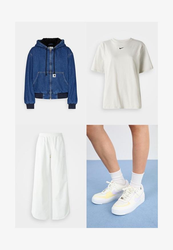 Carhartt WIP ACTIVE JACKET - Geacă bomber - blue; Tricou alb din bumbac cu guler rotund și mâneci scurte. Prezintă un mic logo Nike negru pe piept. Design simplu și fără ornamente.; Pantaloni atletici largi, alba, cu un talie elastica texturata si detalii subtile cu logo. Material neted, cu o croiala lejera si tiv conformat.; Adidași din piele albă cu accente galbene și lavandă, vârful rotund, șireturi plate și talpă din cauciuc texturat. Purtați cu șosete albe.