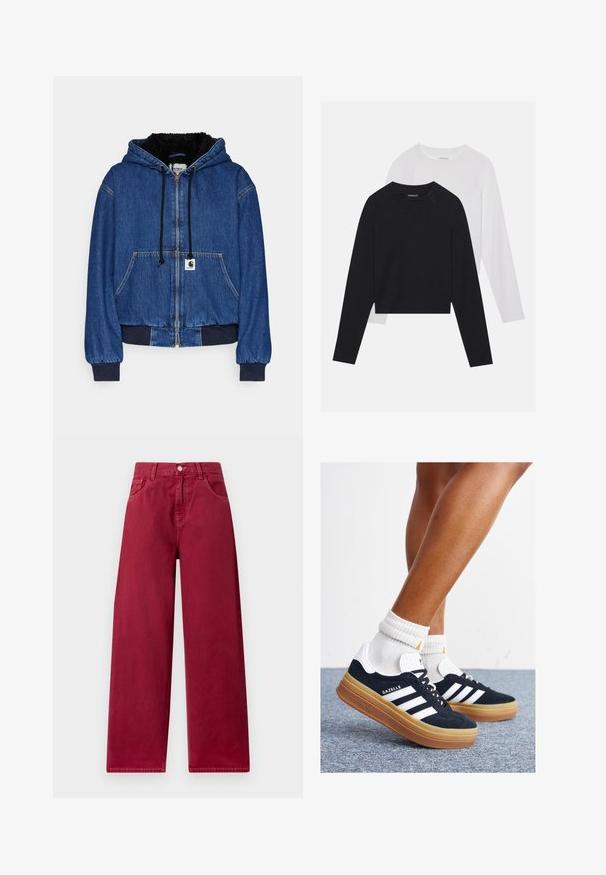 Carhartt WIP ACTIVE JACKET - Bomberjacks - blue; Twee langemouwen shirts: een zwarte en een witte. Beide hebben een ronde hals, raglanmouwen en zijn gemaakt van een zachte katoenmix.; Brede broekspijpen in een diepe bordeaux kleur, gemaakt van stevig denim, met voorzakken en een knoopsluiting in de taille.; Zwarte suède sneakers met witte strepen en accenten, ronde neus, gum rubberen buitenzool, gecombineerd met witte geribbelde crewkousen.