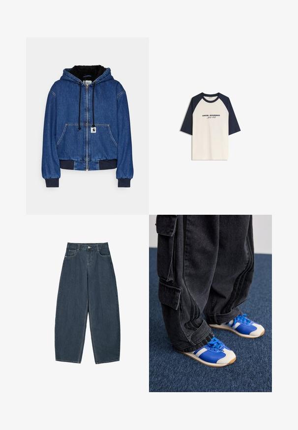 Carhartt WIP ACTIVE JACKET - Bomber Jacket - blue; Raglan sleeve t-shirt in cream with dark blue sleeves, featuring "ANGEL NUMBERS 912-412" printed on the front in black. Cotton blend material.; Dark blue denim wide-leg jeans with a high waist, featuring five pockets and visible stitching details. Clean, minimal design.; Person wearing loose black cargo pants and blue and white sneakers standing on dark blue carpet.