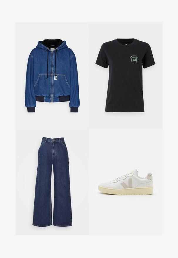 Carhartt WIP ACTIVE JACKET - Blouson Bomber - blue; Converse FOREST ART TEE - T-shirt imprimé - black; Jeans en denim à jambes larges de couleur bleu foncé, avec une taille haute, des poches avant et une fermeture éclair avec un bouton en métal. Texture lisse et design classique.; Baskets blanches en cuir avec des accents en daim beige, boîte à orteils perforée, lacets plats et semelle texturée crème. Présente un logo discret au talon.