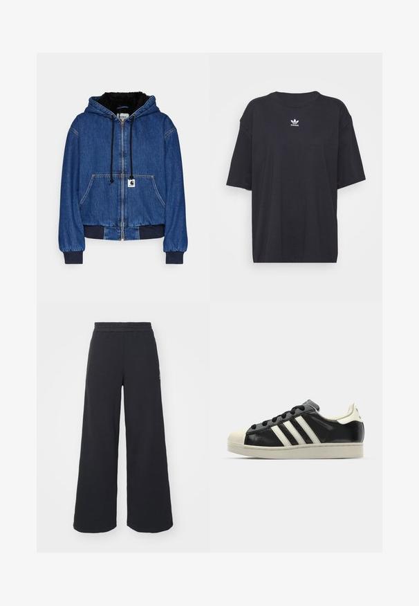 Carhartt WIP ACTIVE JACKET - Bomber Jacket - blue; Black cotton t-shirt with short sleeves, round neckline, features a white Adidas logo on the chest. Simple design, relaxed fit.; Black wide-leg sweatpants made from soft fabric, featuring an elastic waistband and a small logo on the left side.; Black leather sneaker with white stripes, rubber toe cap, black laces, and a cream-colored outsole. Smooth texture with shiny finish.