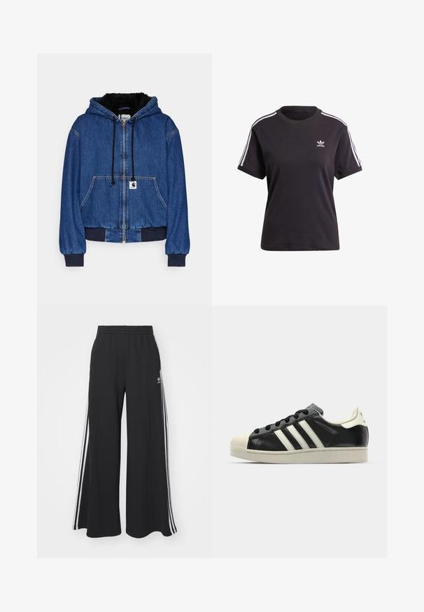 Carhartt WIP ACTIVE JACKET - Giubbotto Bomber - blue; T-shirt corta nera in cotone a maniche corte con collo rotondo, caratterizzata da strisce bianche sulle spalle e un piccolo logo Adidas bianco sul petto.; Pantaloni in felpa neri a gamba larga con vita elastica, dotati di strisce bianche sui lati e un logo ricamato sulla coscia sinistra.; Sneaker in pelle nera con strisce bianche, punta in gomma, lacci neri e suola di colore crema. Texture liscia con finitura brillante.