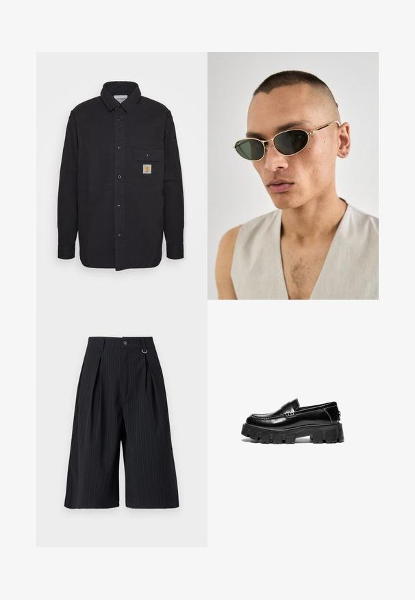 Sort skjorte med knapper lavet af bomuld, med en brystlomme med et logo-patch, spidse kraver og lange ærmer.; To t-shirts, en sort og en hvid, med korte ærmer, rund halsudskæring og en glat bomuldsstruktur. Mærkets label er synlig indeni.; Grå og hvid ternet langærmet skjorte med krave og en enkelt brystlomme. Lavet af vævet stof med præcist ternet mønster.; Sorte stribede shorts med plisseringer, knaplukning og metalringdetalje. Glat stof med en skræddersyet pasform og design i knælængde.; Sorte læder loafers med kraftig gummisål, dekorativ strop over vristen og kontrasterende hvid syning. Glat tekstur med rund tå.; Guldindfattede solbriller med ovale sorte linser. Har tynde stænger og et minimalistisk design. Indfatningen har subtile detaljer og en poleret finish.; Brun silketie med en diagonal stribet struktur, spidse ender og glat overflade, designet til formelle eller professionelle anledninger.