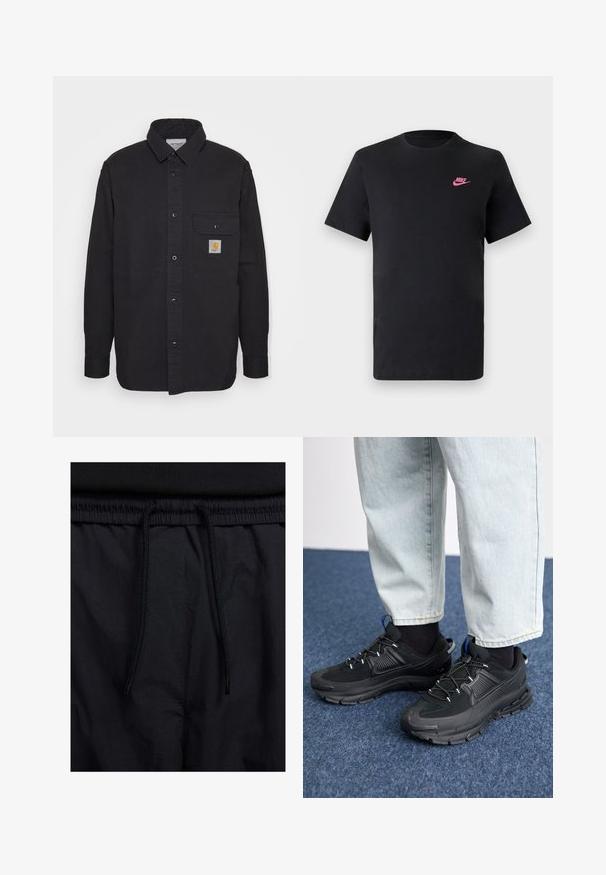 Fekete gombos ing, pamutból készült, amely mellzsebével, logóval ellátott folttal, hegyes gallérral és hosszú ujjakkal rendelkezik.; Fekete pamut póló kerek nyakkivágással és rövid ujjakkal. Bal felső oldalon rózsaszín Nike logóval. Sima textúra.; Fekete rövidnadrág, húzózsinórral ellátott derékrésszel, könnyű anyagból, sima felszínen, egyszerű dizájnnal, látható logók vagy minták nélkül.; Fekete sportcipők texturált anyaggal és gumitalppal, elasztikus fűzőkkel és kék kiegészítővel a saroknál. Világos farmernadrággal viselve.