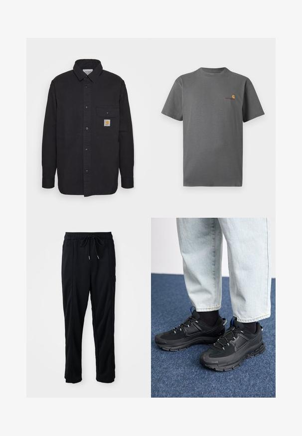 Černá košile na knoflíky vyrobená z bavlny, s náprsní kapsou se znakem, špičatým límcem a dlouhými rukávy.; Šedé tričko s krátkým rukávem vyrobené z bavlny; má jemné logo v oranžové a burgundské barvě na hrudi. Základní design s kulatým výstřihem.; Černé casual kalhoty se stahovací šňůrkou v pase, bočními kapsami a rovnými nohavicemi na jednobarevném pozadí.; Černé sportovní boty s texturovanou tkaninou a gumovou podrážkou, s elastickými tkaničkami a modrým akcentem na patě. Nosí se s světlými džíny.