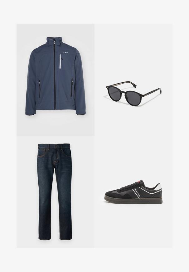 Softshell jacket in dark blue, featuring a high collar, front zipper, zippered pockets, and a small logo on the chest. Smooth texture.; Black turtleneck sweater in a smooth knit fabric. Features long sleeves, a fitted neck, and ribbed cuffs and hem for a snug fit.; Dark blue denim jeans with a straight cut. Features include a button and zipper closure, five pockets, and contrasting stitching.; Tommy Jeans RETRO CUPSOLE - Trainers - black; BOSS Sunglasses - black