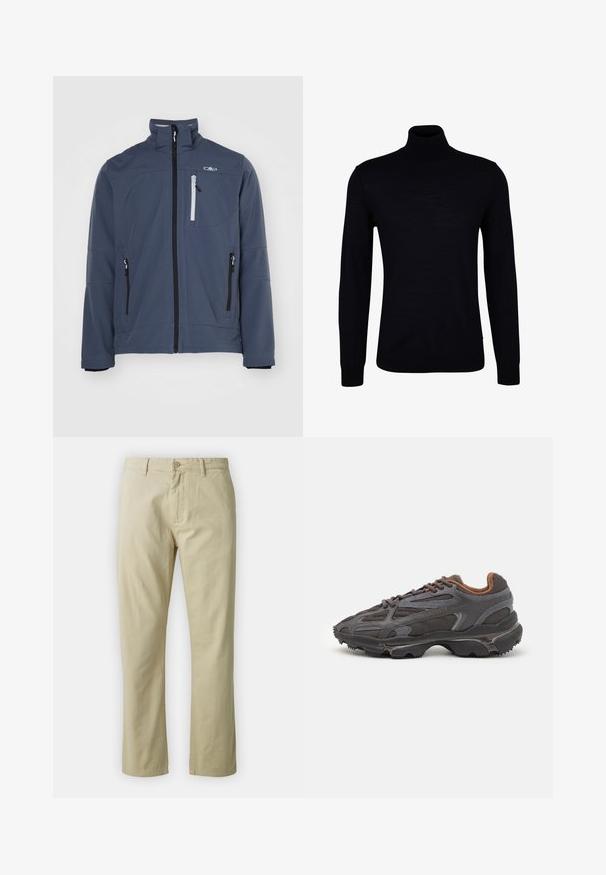 Kurtka typu softshell w ciemnym niebieskim kolorze, z wysokim kołnierzem, zamkiem błyskawicznym z przodu, kieszeniami na zamek i małym logo na klatce piersiowej. Gładka tekstura.; Czarny sweter z golfem wykonany z gładkiej dzianiny. Posiada długie rękawy, dopasowany kołnierz oraz ściągacze przy mankietach i u dołu, co zapewnia snug fit.; Beżowe bawełniane spodnie o prostym kroju, z zapięciem na guzik z przodu i paskiem. Gładka tekstura, bez widocznych wzorów czy akcentów.; Sneakers Lacoste w ciemnoszarym kolorze, wykonane z siateczki i materiału syntetycznego, z teksturowaną podeszwą oraz brązowymi akcentami na kołnierzu i logotypie.