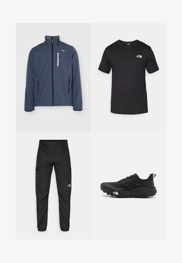 Softshell-jakke i mørkeblå, med høj krave, frontlynlås, lynlåslommer og et lille logo på brystet. Glat tekstur.; Sort kortærmet t-shirt lavet af bomuld, med rund halsudskæring og et lille hvidt logo på den øverste venstre brystområde.; The North Face HORIZON PANT - Outdoorbukser - black; Sort trail løbesko med en struktureret overdel, gummisål og forstærket tåhætte. Har en polstret krave og en pull-tab til nem påtagning.
