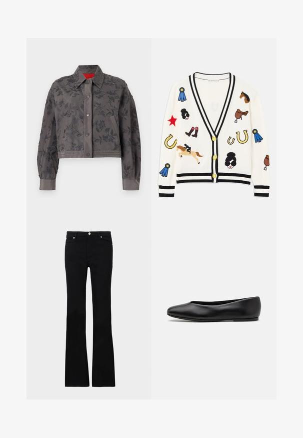 Giacca grigia tagliata con ricami floreali, con colletto, chiusura a snap e polsini a nastro.; Cardigan bianco con rifiniture nere, caratterizzato da design ricamati colorati di cavalli, premi e figure. Il design include stivali, stelle e ferro di cavallo.; Top senza maniche rosa chiaro realizzato in un tessuto morbido e elasticizzato. Presenta un scollatura rotonda e spalline sottili, con una texture liscia e una forma aderente.; Jeans neri svasati in denim, dotati di due tasche anteriori, chiusura con bottone e una texture liscia. Cuciture iconiche visibili nei punti di giuntura.; Paul Smith TOPANGA - Ballerine - black