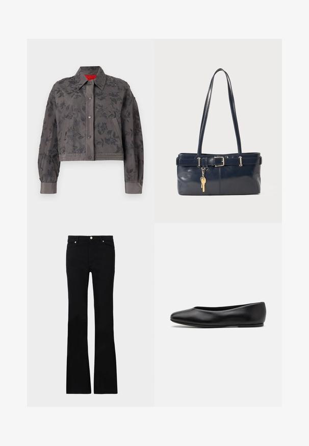 Beskåret grå jakke med blomsterbroderi overalt, med krave, trykknaplukning og båndmanchetter.; Mørkeblå sweater med rund halsudskæring, lange raglanærmer, ribbede manchetter og lige nederkant. Fremstillet af et blødt, tekstureret strikmateriale.; Sorte bløde jeans lavet af denim, med to frontlommer, knaplukning og en glat tekstur. Signaturstikninger synlige ved sømmene.; Paul Smith TOPANGA - Ballerinasko - black; Mørkeblå læderhåndtaske med to lange håndtag, en spænde detaljer og en nøglering vedhæftet. Den har en glat tekstur og en rektangulær form.