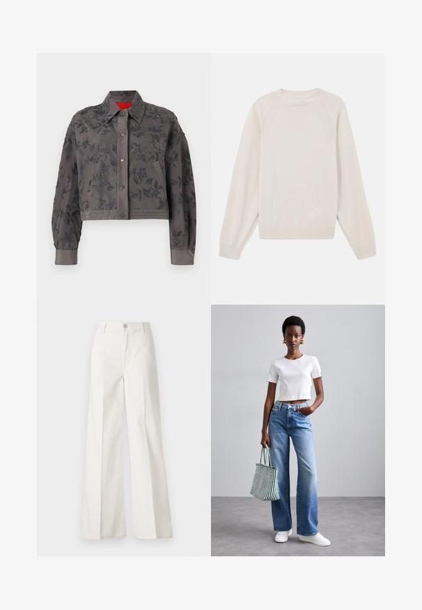 Zastrihnutá sivá bunda s kvetinovou výšivkou po celom obvode, ktorá má golier, zapínanie na cvoky a stužkové rukávy.; Svetlý krémový sveter vyrobený z mäkkej pleteniny. Má okrúhly výstrih, dlhé rukávy a rebrované manžety a lem, pričom je navrhnutý so švom na raglánových rukávoch.; Biele široké nohavice vyrobené z bavlny s hladkou textúrou. Obsahujú predný gombík, zips a dizajn so štyrmi vreckami.; Biely rebrovaný krátky top, svetlomodré široké džínsy a biele tenisky. Drží zeleno-bielo pruhovanú tašku.