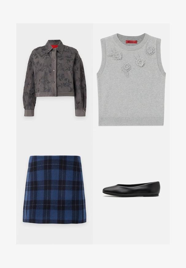 Cropped gray jacket with floral embroidery throughout, featuring a collared neckline, snap closure, and ribbon cuffs.; Light grey sleeveless sweater with a ribbed neckline and hem. Features three textured floral appliqués on the front. Brand label: MAX&Co.; Plaid mini skirt in dark blue and navy, made of soft fabric with a slightly textured finish. Features a straight cut and clean lines.; Paul Smith TOPANGA - Ballet pumps - black