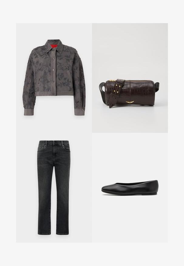 Beskåret grå jakke med blomsterbroderi overalt, med krave, trykknaplukning og båndmanchetter.; Hvid langærmet t-shirt med rund hals og et lille "Tiger of Sweden" mærke ved halsudskæringen på en ensfarvet baggrund.; Mænds lige ben sorte udvasket jeans med frontknap og fem-lommers design på hvid baggrund.; Paul Smith TOPANGA - Ballerinasko - black; Brun krokodilleder taske med cylindrisk form, hardware i guld-tone, og en aftagelig rem med nitter.