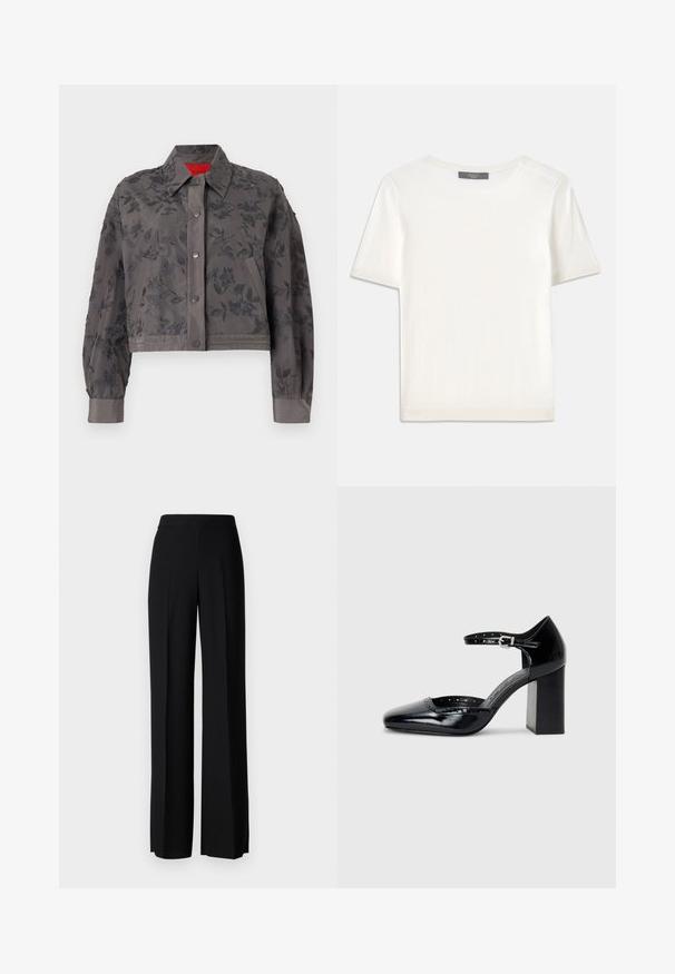 Kuttet grå jakke med blomstermønster over hele, med krage, trykknaplukking og båndmansjetter.; Hvit kortermet strikket topp med rund hals, med en glatt tekstur og subtile ribbede detaljer på ermer og kant.; Sorte vidde bukser med en glatt tekstur, med høy midje og sentrale folder. Ingen synlige mønstre eller maskinvaredetaljer.; Sorte lakk lær høye hæler med firkantet tå, ankelrem og chunky hæl. Inkluderer perforerte detaljer langs kanten.