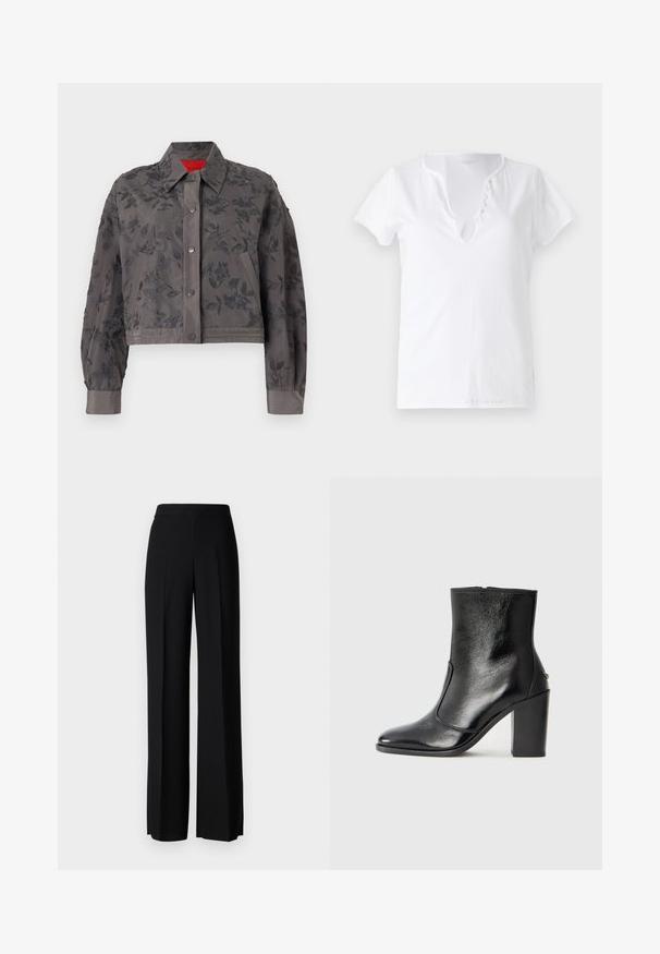 Kratka siva jakna z cvetličnim vezenjem po vsej površini, z ovratnikom, zapiranjem na pritisne gumbe in pasovi iz traku.; Bela bombažna majica s kratkimi rokavi, sproščenega kroja in z V-izrezom, ki ima placket s petimi dekorativnimi gumbi.; Črne široke hlače z gladko teksturo, z visokim pasom in središnjimi pregibi. Brez vidnih vzorcev ali kovinskih detajlov.; Črne usnjene gležnarske čevlje z gladko teksturo, koničastim nosom in debelim visokim petam. Imajo stransko odprtino in minimalističen dizajn.