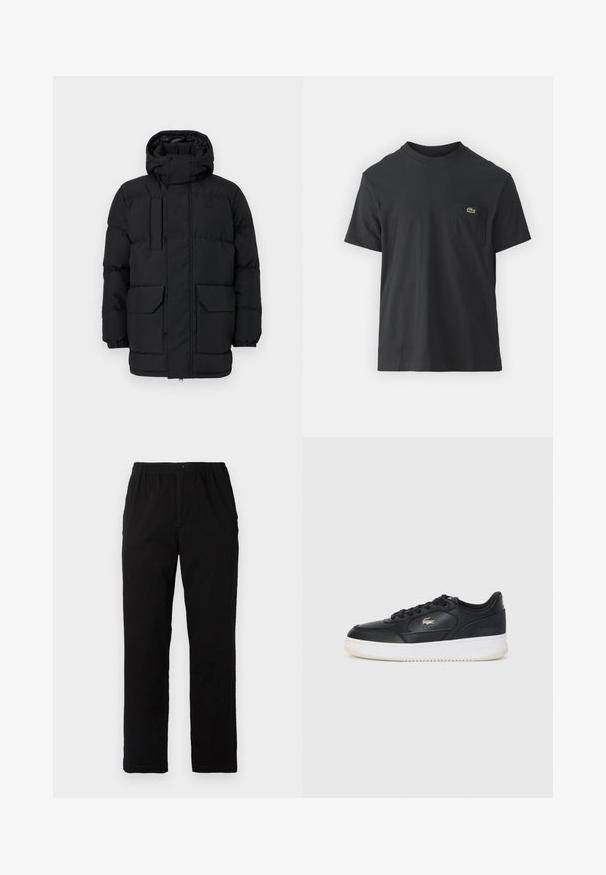 Melnā pildītā jaka ar kapuci, ar uzspiedēm, divām priekšējām kabatām un elastīgām piedurknēm. Gluda tekstūra, ikdienišķs dizains.; Melnas kokvilnas T-krekls ar īsām piedurknēm, apaļu kakla izgriezumu un mazu zaļu logotipu kreisajā krūšu kabatē. Vienkāršs dizains, regulāra piegriezuma.; Melnas bikses no kokvilnas maisījuma auduma, ar taisnu griezumu, elastīgu jostasvietu ar pogu un bez redzamām rakstu vai akcentiem.; Melnas ādas tenisa kurpes ar baltu zoli, ar noapaļotu purngalu, saista dizainu un nemanāmu logotipu sānos. Strukturēta virsma.