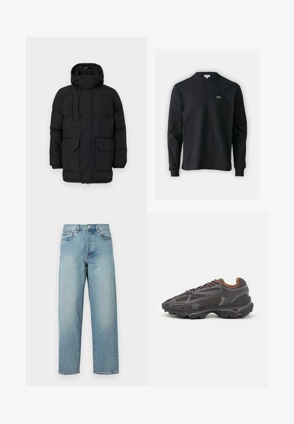 Black padded jacket with a hood, featuring snap closures, two front pockets, and elastic cuffs. Smooth texture, casual design.; Black long-sleeve t-shirt made of cotton, featuring a round neckline and a small green embroidered crocodile logo on the left chest.; Light blue denim jeans with a loose fit, straight legs, five-pocket design, and a button closure at the waist. Minimalistic stitching detail.; Lacoste sneakers in dark gray with mesh and synthetic material, featuring a textured sole and brown accents on the collar and branding.