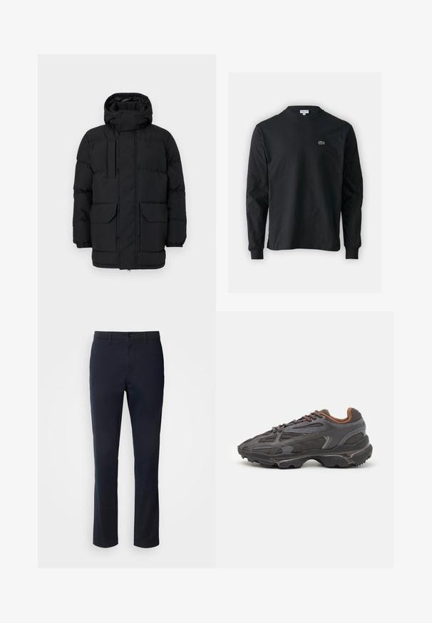 Casaco acolchoado preto com capuz, apresentando fechos de pressão, dois bolsos frontais e punhos elásticos. Textura suave, design casual.; Camisola preta de manga longa feita de algodão, com decote redondo e um pequeno logótipo de crocodilo bordado em verde no lado esquerdo do peito.; Calças azul marinho feitas de tecido suave, com um design de perna reta, passantes para cinto e fecho de botão com fecho de correr.; Ténis Lacoste em cinza-escuro com material em malha e sintético, apresentando uma sola texturizada e detalhes castanhos na gola e na marca.