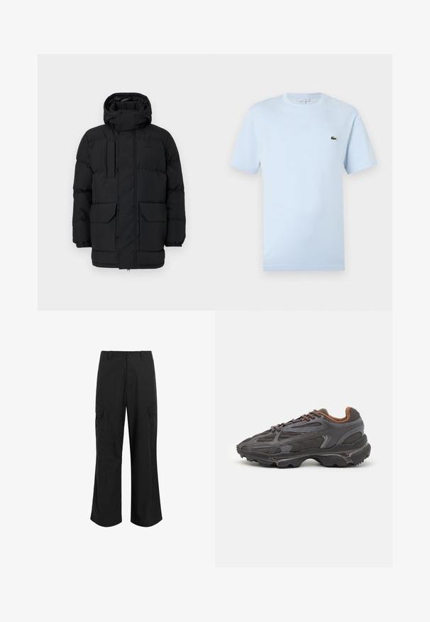 Fekete párnázott dzseki kapucnival, patentos záródással, két elülső zsebbel és rugalmas mandzsettákkal. Sima textúra, laza dizájn.; Világoskék, rövid ujjú póló, puha pamut anyagból készült. Az mellkason egy kis zöld hímzett krokodil logó található.; Fekete cargo nadrág, könnyű anyagból készült, laza szabással, két nagy oldalsó zsebbel és gombos záródással.; Sötét szürke Lacoste sportcipők hálós és szintetikus anyagból, textúrázott talppal és barna díszítésekkel a nyak részen és a logón.