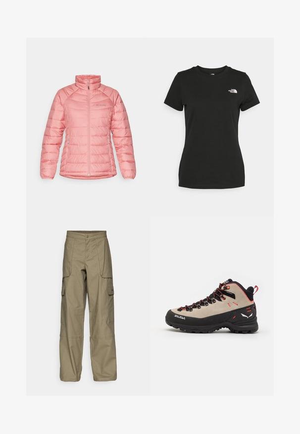 Ροζ μπουφάν με επένδυση, ψηλό σακάκι, φερμουάρ μπροστά και δύο πλάγιες τσέπες. Διαθέτει λουρί σε ραφή και ραφές σε όλη την επιφάνεια.; Μαύρο βαμβακερό T-shirt με στρογγυλή λαιμόκοψη και κοντά μανίκια. Εντυπωσιακό λευκό λογότυπο στην επάνω αριστερή πλευρά. Λείος υφασμάτινος χαρακτήρας, άνετη εφαρμογή.; Cargo παντελόνια σε ελιά πράσινο ύφασμα, με χαλαρή εφαρμογή, πολλές πλαϊνές τσέπες και κλείσιμο με κουμπί στη μέση. Λεία υφή.; Ανδρικά μποτάκια πεζοπορίας με επάνω μέρος από μπεζ σουέτ, μαύρη καουτσούκ σόλα, κόκκινες λεπτομέρειες και σχέδιο με κορδόνια για ασφαλή εφαρμογή.