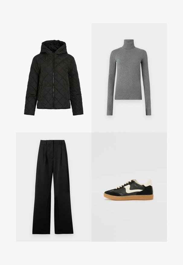 Juodas pūkuotas mėgstukas su deimanto formos siuvinėjimu, priekinė užtrauktukas, gobtuvas ir ilgos rankovės, pavaizduotas ant baltos fono.; Pilkas golfas, pagamintas iš lygaus, elastingo audinio. Ilgos rankovės, prilipęs dizainas, minimali tekstūra, be matomų raštų ar metalinių detalių.; Juodos plačios kelnės su lygiu paviršiumi, su priekinėmis klostėmis, platu liemenu ir dirželių kilpomis. Paprastas, sutvarkytas dizainas.; Juodos zomšo ir odos sportinės bateliai su kreminiu šoniniu swoosh ir šviesiai kreminiu kulnu. Ypatybės - smėlio spalvos raišteliai ir guminis padas.