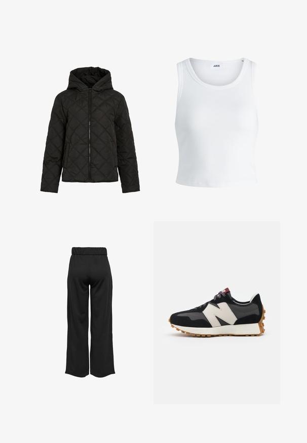 Črna prešita jakna z diamantnim šivom, sprednjim zadrgo, kapuco in dolgimi rokavi, prikazana na enobarvnem belem ozadju.; Bela rebrasta majica brez rokavov z okroglim izrezom in krajšo dolžino. Oznaka navaja "JJXX." Gladka tekstura tkanine.; Črne hlače širokega kroja z elastičnim pasom, izdelane iz gladkega materiala. Imajo preprost dizajn brez žepov ali vidnih šivov.; Črne in sive semiš športne copate z velikim kremnim logotipom "N", vijoličastimi vezalkami in teksturiranim gumijastim podplatom.