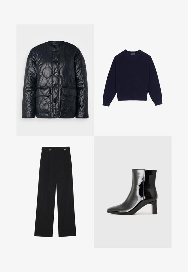Podložena črna kvačkana jakna z okroglim izrezom, zapiranjem na gumb, dvema sprednjima žepoma in sijočo obdelavo za dodano teksturo.; Mornarsko modra pletena jopica z rebrasto teksturo, okroglim ovratnikom, spuščeni rameni in krajšo dolžino. Mehka tkanina z dolgimi rokavi.; Črne široke hlače s visokim pasom, gumbnimi detajli na pasu in sprednjimi gubami.; Črne lakirane gležnjarje z ošiljenim nosom in srednje visokim blokastim peto. Gladka tekstura in minimalističen dizajn.