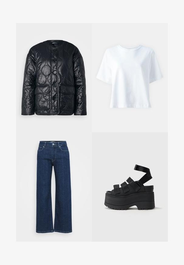 Casaco acolchoado preto, com acabamento acolchoado, apresentando um decote redondo, fecho de botão, dois bolsos frontais e um acabamento brilhante para um toque extra de textura.; T-shirt de algodão branco com decote redondo, mangas curtas, corte solto e textura suave. Não apresenta padrões ou detalhes visíveis.; Jeans de perna larga azul escuro feitos de denim, apresentando uma cintura média, dois bolsos frontais e detalhes costurados ao longo das costuras.; UGG GOLDENRISE - Sandálias de plataforma - black