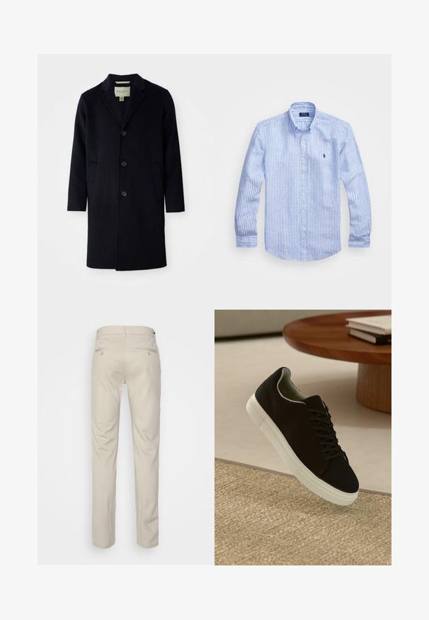 Juodas viengubas vilnonis ilgas paltas su iškirptės apykakle, trimis mygtukais, dviem priekinėmis kišenėmis ir tiesiomis rankovėmis.; Mėlynos ir baltos dryžuotos ilgomis rankovėmis medvilninė marškiniai, turintys sagtelę ant apykaklės, priekinius mygtukus ir mažą išsiuvinėtą logotipą krūtinėje.; Bežinės kelnės su lygia tekstūra, tiesiu pjūviu, dviem užpakalinėmis kišenėmis su sagomis ir standartine juosmena.; Juodas sportinis batelis su baltu padu, lekiančius virš smėlio spalvos tekstūruoto kilimo šalia apvalaus medinio stalo su sukrautomis knygomis.