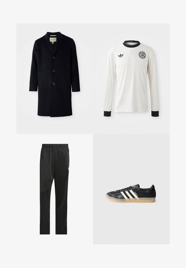 Černý dlouhý vlněný kabát s jedním knoflíkem, klopovým límcem, třemi knoflíky, dvěma předními kapsami a rovnými rukávy.; Bílý fotbalový dres s dlouhým rukávem, s ribovanou texturou, černým límcem a manžetami, s černým logem Adidas a kruhovým grafickým emblémem.; Černé sportovní kalhoty vyrobené z hladkého, lehkého materiálu. Mají elastický pas a bílé boční pruhy s logem na stehně.; Černé sportovní tenisky s bílými pruhy, texturovaná látka, hladká kožená špička a gumová podrážka. Obsahují logo na jazyku.