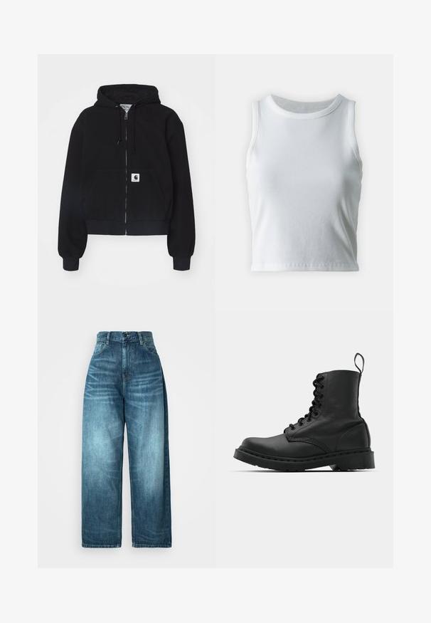 Sort zip-up hættetrøje lavet af blødt bomuld, med en forlommer, snørebånd i hætten og ribbede manchetter. Indeholder et logo-patch på lommen.; Hvid ribbet tanktop med rund halsudskæring og ærmeløs design, med en lige kant og en glat, strækbar tekstur.; Høj talje brede ben jeans i mellemblå denim, med en falmet vask, traditionelt lomme design og knaplukning foran.; Sort læder kampstøvle med rund tå, snørebånd foran og en løkke ved anklen. Har en tyk gummisål for holdbarhed.
