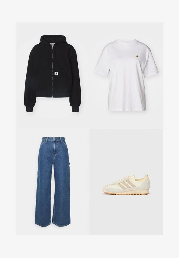 Melnā rāvējslēdzēja kapuce, kas izgatavota no mīkstas kokvilnas, ar priekšējo kabatu, regulējamu kapuci un ribotām piedurknēm. Iekļauts logo marķējums uz kabatas.; Balta kokvilnas T-kreklā ar brīvu piegriezumu, īsām piedurknēm un mazu izšūtu logotipu kreisajā krūtīs.; Platleņķa zili džinsi ar augstu jostasvietu, kontrastējošām šuvēm un sānu kabatām, ar klasisku piecu kabatu dizainu un neapstrādātiem malām.; Krēma krāsas sporta apavi ar trim beiga joslām, izgatavoti no zamša un tekstila materiāliem, ar fakturētu zoli un iegravētu zīmolu uz papēža.