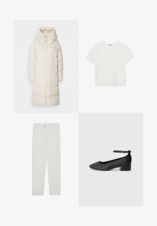 Marc O'Polo PUFFER COAT WITH HOOD SIDE SLITS WITH ZIPPER WELT POCKETS BACKPACK BELTS - Sulemantel - stony sand; Valge lühikeste varrukatega t-särk, mis on valmistatud pehmest puuvillast. Omab ümmargust kaelust ja mugavat lõiget. Puhtad jooned, ilma nähtavate mustrite või aktsentideta.; Valged kohandatud püksid sirge lõikega, varustatud nupuga kinnitusega, vöödega ja küljetaskutega; sile kangatekstuur.; Must mustaapp, millel on terav nina ja madal blokk-kand. Omab pahkluu rihma koos kuldse tooni pandlaga. Sile tekstuur.